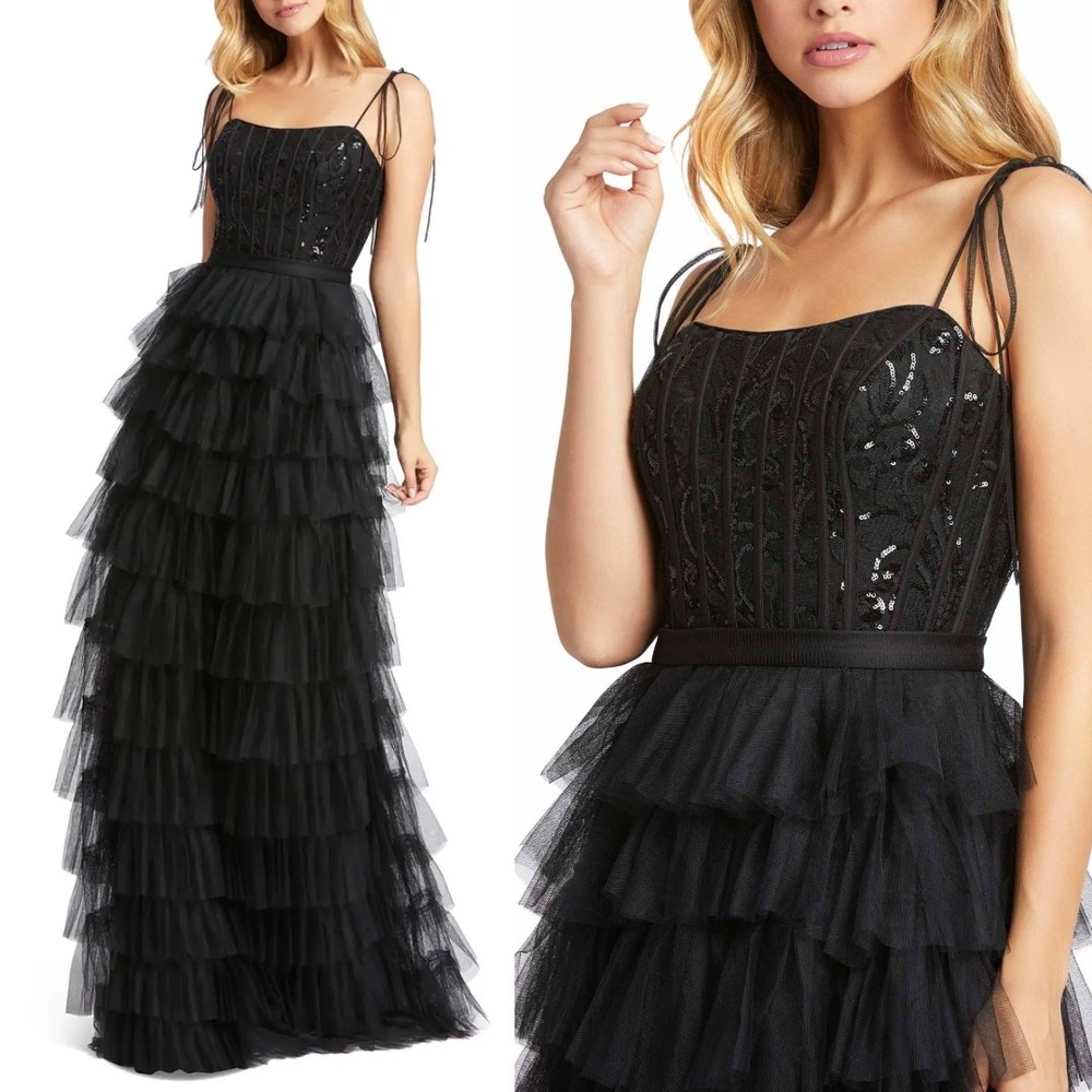 NWT Mac Duggal Black Sequined Bustier Tiered Ruffle Gown - Size 12
